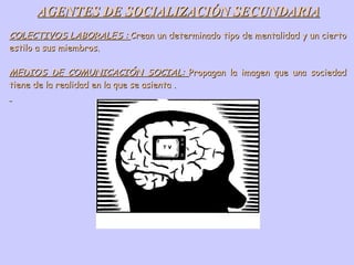 AGENTES DE SOCIALIZACIÓN SECUNDARIA COLECTIVOS LABORALES :  Crean un determinado tipo de mentalidad y un cierto estilo a sus miembros. MEDIOS DE COMUNICACIÓN SOCIAL:  Propagan la imagen que una sociedad tiene de la realidad en la que se asienta . 