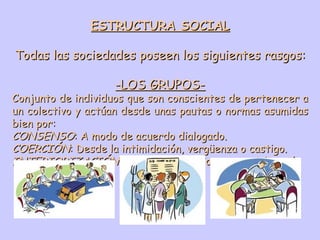 ESTRUCTURA SOCIAL Todas las sociedades poseen los siguientes rasgos: -LOS GRUPOS- Conjunto de individuos que son conscientes de pertenecer a un colectivo y actúan desde unas pautas o normas asumidas bien por: CONSENSO : A modo de acuerdo dialogado. COERCIÓN : Desde la intimidación, vergüenza o castigo. INTERIORIZACIÓN : Normas inculcadas por socialización 