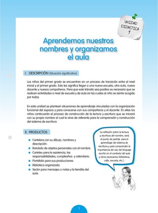 1
Aprendemos nuestros
nombres y organizamos
el aula
UNIDAD
DIDACTICA
1
La reflexión sobre la lectura
y escritura del nombre, será
el punto de partida para el
aprendizaje del sistema de
escritura y para comprender la
importancia del uso del lenguaje
escrito en el contexto del aula
y otros escenarios (biblioteca,
calle, escuela, etc.).
	 Cartelera con su dibujo, nombres y
descripción.
	 Rotulado de objetos personales con el nombre.
	 Carteles para la asistencia, las
responsabilidades, cumpleaños y calendario.
	 Portafolio para sus producciones.
	 Biblioteca organizada.
	 Sector para mensajes o notas y la tiendita del
aula.
I.	DESCRIPCIÓN (Situación significativa)
II.	 PRODUCTOS
Los niños del primer grado se encuentran en un proceso de transición entre el nivel
inicial y el primer grado. Esto les significa llegar a una nueva escuela, otra aula, nuevo
docente y nuevos compañeros. Para que este tránsito sea positivo es necesario que se
realicen actividades a nivel de escuela y de aula en las cuales el niño se sienta acogido
por todos.
En esta unidad se plantean situaciones de aprendizaje vinculadas con la organización
funcional del espacio y para conocerse con sus compañeros y el docente. En ellas los
niños continuarán el proceso de construcción de la lectura y escritura que se iniciará
con su propio nombre el cual le sirve de referente para la comprensión y construcción
del sistema de escritura.
 