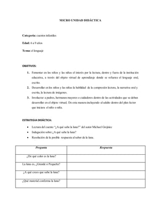 MICRO UNIDAD DIDÁCTICA 
Categoría: cuentos infantiles 
Edad: 6 a 9 años 
Tema: el lenguaje 
OBJETIVOS: 
1. Fomentar en los niños y las niñas el interés por la lectura, dentro y fuera de la institución 
educativa, a través del objeto virtual de aprendizaje donde se refuerce el lenguaje oral, 
escrito. 
2. Desarrollar en los niños y las niñas la habilidad de la compresión lectora, la narrativa oral y 
escrita, la lectura de imágenes. 
3. Involucrar a padres, hermanos mayores o cuidadores dentro de las actividades que se deban 
desarrollar en el objeto virtual; De esta manera incluyendo al adulto dentro del plan lector 
que iniciara el niño o niña. 
ESTRATEGIA DIDÁCTICA: 
 Lectura del cuento “¿A qué sabe la luna?” del autor Michael Grejniec 
 Indagación sobre ¿A qué sabe la luna? 
 Resolución de la posible respuesta al sabor de la luna. 
Pregunta Respuesta 
¿De qué color es la luna? 
La luna es, ¿Grande o Pequeña? 
¿A qué crees que sabe la luna? 
¿Qué material conforma la luna? 
 