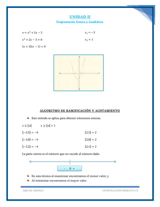 UNIDAD II
Programación Entera y Cuadrática
ABIGAIL CRIOLLO INVESTIGACIÓN OPERATIVA II
𝑜 = 𝑥2 + 2𝑥 − 3
𝑥2 + 2𝑥 − 3 = 0
( 𝑥 + 3)( 𝑥 − 1) = 0
𝑥1 = −3
𝑥2 = 1
ALGORITMO DE RAMIFICACIÓN Y ACOTAMIENTO
Este método se aplica para obtener soluciones enteras.
𝑥 ≤ ⟦ 𝑎⟧ 𝑥 ≥ ⟦ 𝑎⟧ + 1
⟦−3,5⟧ = −4
⟦−3,8⟧ = −4
⟦−3,2⟧ = −4
⟦2,5⟧ = 2
⟦2,8⟧ = 2
⟦2,1⟧ = 2
La parte entera es el número que no excede al número dado.
En esta técnica al maximizar encontramos el menor valor, y
Al minimizar encontramos el mayor valor.
- 0 +
 