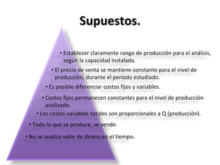 Supuestos.
• Establecer claramente rango de producción para el análisis,
según la capacidad instalada.
• El precio de venta se mantiene constante para el nivel de
producción, durante el periodo estudiado.
• Es posible diferenciar costos fijos y variables.
• Costos fijos permanecen constantes para el nivel de producción
analizado.
• Los costos variables totales son proporcionales a Q (producción).
• Todo lo que se produce, se vende.
• No se analiza valor de dinero en el tiempo.
 