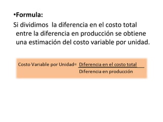 •Formula:
Si dividimos la diferencia en el costo total
entre la diferencia en producción se obtiene
una estimación del costo variable por unidad.
 