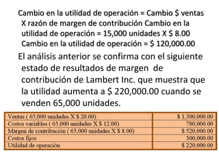Cambio en la utilidad de operación = Cambio $ ventas
X razón de margen de contribución Cambio en la
utilidad de operación = 15,000 unidades X $ 8.00
Cambio en la utilidad de operación = $ 120,000.00
El análisis anterior se confirma con el siguiente
estado de resultados de margen de
contribución de Lambert Inc. que muestra que
la utilidad aumenta a $ 220,000.00 cuando se
venden 65,000 unidades.
 