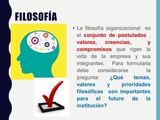 FILOSOFÍA
• La filosofía organizacional es
el conjunto de postulados ,
valores, creencias, y
compromisos que rigen la
vida de la empresa y sus
integrantes. Para formularla
debe considerarse la
pregunta: ¿Qué temas,
valores y prioridades
filosóficas son importantes
para el futuro de la
institución?
 