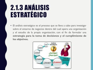 2.1.3 ANÁLISIS
ESTRATÉGICO
• El análisis estratégico es el proceso que se lleva a cabo para investigar
sobre el entorno de negocios dentro del cual opera una organización
y el estudio de la propia organización, con el fin de formular una
estrategia para la toma de decisiones y el cumplimiento de
los objetivos.
 