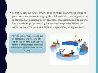 • El Plan Operativo Anual (POA) es el principal instrumento utilizado
para presentar de manera agregada la información que se genera de
la planificación operativa de un proyecto, con periodicidad de un año.
Las actividades programadas y los recursos se pueden dividir por
trimestres o semestres para facilitar la ejecución y el seguimiento.
Permite indicar las acciones que
se realizaran, establecer plazos
de ejecución para cada acción,
definir el presupuesto necesario
y nombrar responsables de cada
acción .
 