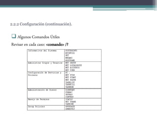 2.2.2 Configuración (continuación).
 Algunos Comandos Útiles
Revisar en cada caso: <comando> /?
 