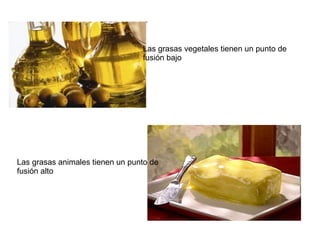 Las grasas vegetales tienen un punto de
fusión bajo

Las grasas animales tienen un punto de
fusión alto

 