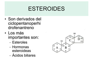 ESTEROIDES
• Son derivados del
ciclopentanoperhi
drofenantreno
• Los más
importantes son:
– Esteroles
– Hormonas
esteroideas
– Ácidos biliares

 