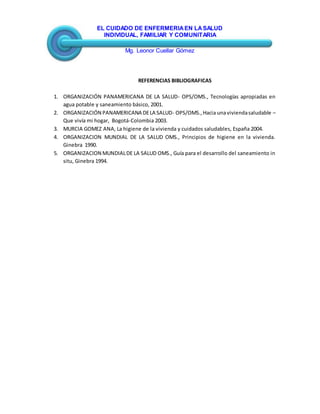 EL CUIDADO DE ENFERMERIAEN LASALUD
INDIVIDUAL, FAMILIAR Y COMUNITARIA
Mg. Leonor Cuellar Gómez
REFERENCIAS BIBLIOGRAFICAS
1. ORGANIZACIÓN PANAMERICANA DE LA SALUD- OPS/OMS., Tecnologías apropiadas en
agua potable y saneamiento básico, 2001.
2. ORGANIZACIÓN PANAMERICANA DELA SALUD- OPS/OMS.,Hacia unaviviendasaludable –
Que vivía mi hogar, Bogotá-Colombia 2003.
3. MURCIA GOMEZ ANA, La higiene de la vivienda y cuidados saludables, España 2004.
4. ORGANIZACION MUNDIAL DE LA SALUD OMS., Principios de higiene en la vivienda.
Ginebra 1990.
5. ORGANIZACION MUNDIALDE LA SALUD OMS., Guía para el desarrollo del saneamiento in
situ, Ginebra 1994.
 