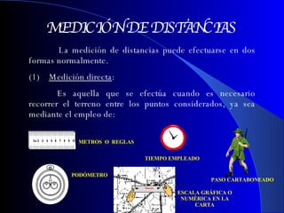 MEDICIÓN DE DISTANCIAS La medición de distancias puede efectuarse en dos formas normalmente. (1)     Medición directa : Es aquella que se efectúa cuando es necesario recorrer el terreno entre los puntos considerados, ya sea mediante el empleo de : METROS  O  REGLAS TIEMPO EMPLEADO PODÓMETRO ESCALA GRÁFICA O NUMÉRICA EN LA CARTA PASO CARTABONEADO 100 50 Marcas 