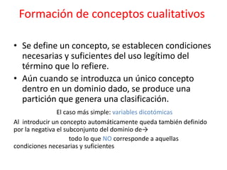 Formación de conceptos cualitativos
• Se define un concepto, se establecen condiciones
necesarias y suficientes del uso legítimo del
término que lo refiere.
• Aún cuando se introduzca un único concepto
dentro en un dominio dado, se produce una
partición que genera una clasificación.
El caso más simple: variables dicotómicas
Al introducir un concepto automáticamente queda también definido
por la negativa el subconjunto del dominio de→
todo lo que NO corresponde a aquellas
condiciones necesarias y suficientes
 