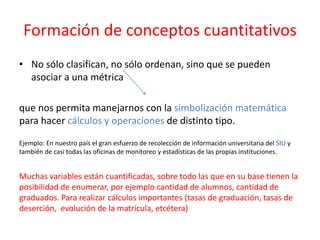 Formación de conceptos cuantitativos
• No sólo clasifican, no sólo ordenan, sino que se pueden
asociar a una métrica
que nos permita manejarnos con la simbolización matemática
para hacer cálculos y operaciones de distinto tipo.
Ejemplo: En nuestro país el gran esfuerzo de recolección de información universitaria del SIU y
también de casi todas las oficinas de monitoreo y estadísticas de las propias instituciones.
Muchas variables están cuantificadas, sobre todo las que en su base tienen la
posibilidad de enumerar, por ejemplo cantidad de alumnos, cantidad de
graduados. Para realizar cálculos importantes (tasas de graduación, tasas de
deserción, evolución de la matrícula, etcétera)
 