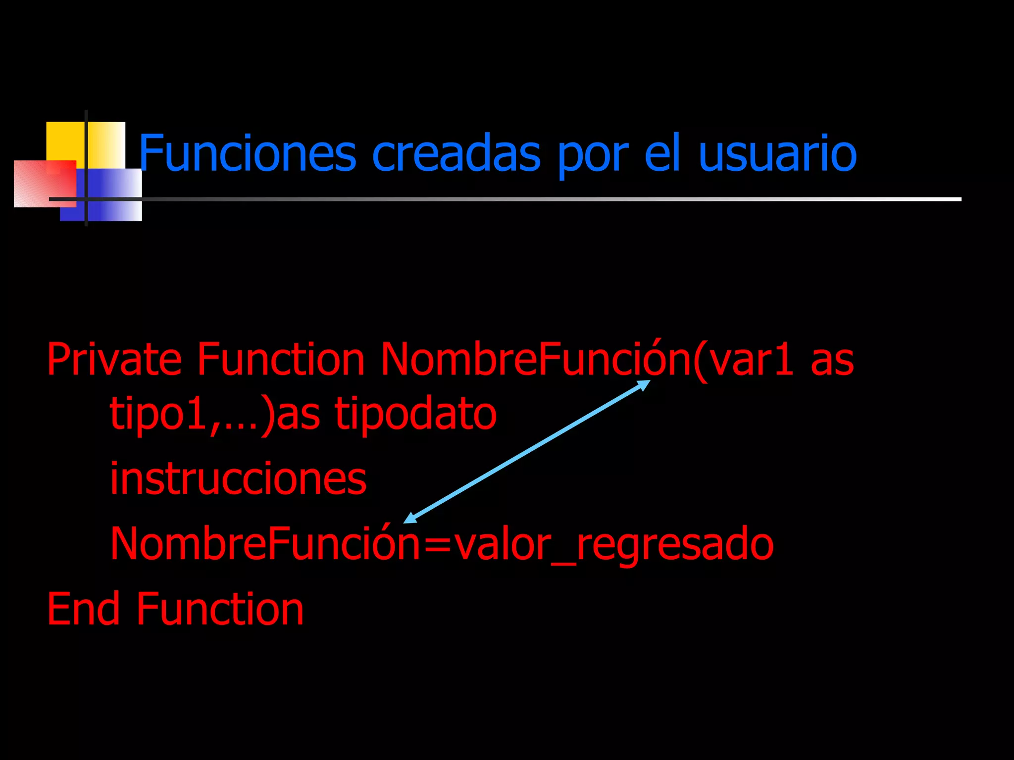 Funciones creadas por el usuario El formato o sintaxis del bloque de una función definida: Private Function NombreFunción(var1 as tipo1,…)as tipodato instrucciones NombreFunción=valor_regresado End Function 
