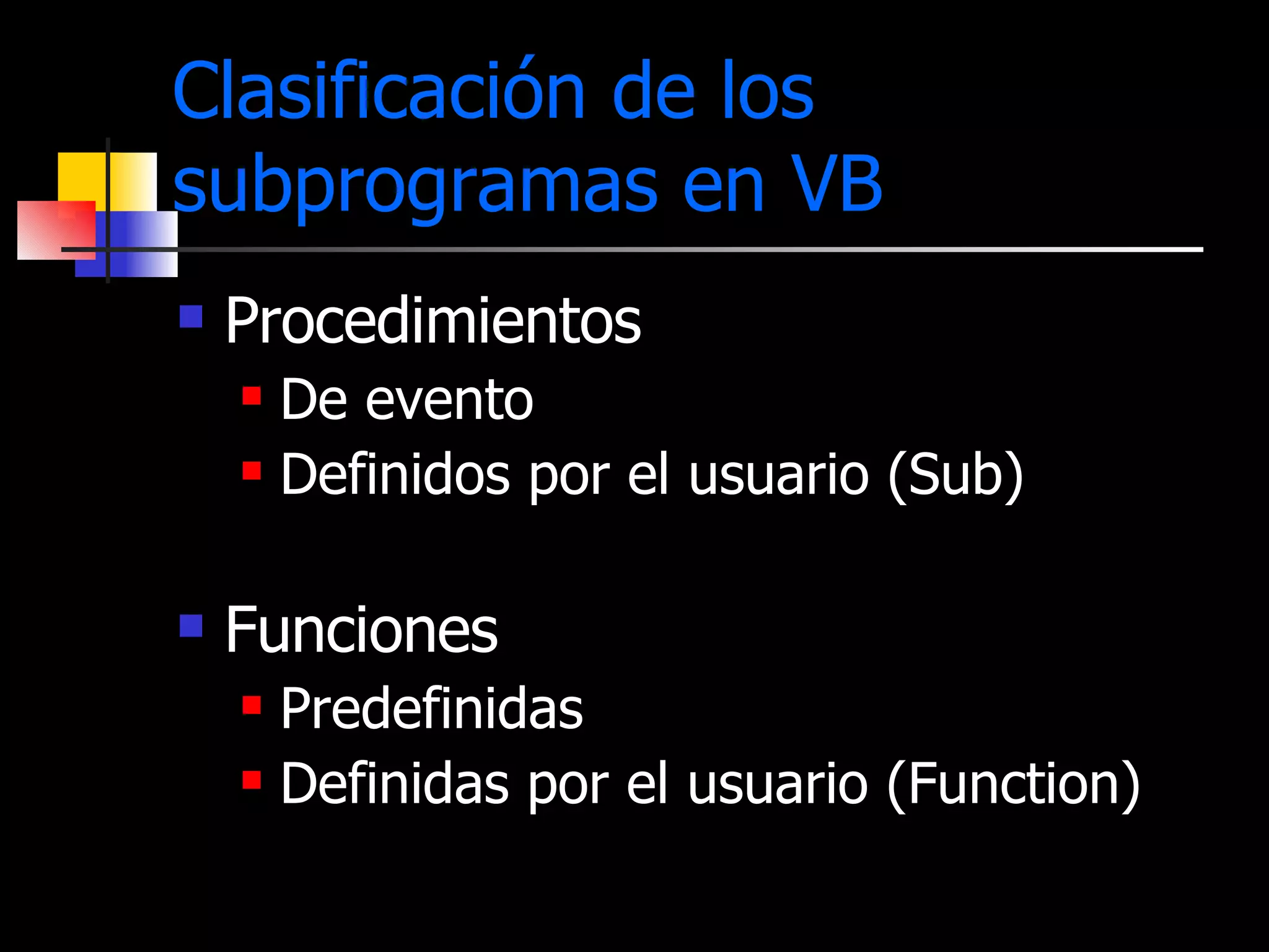 Clasificación de los subprogramas en VB Procedimientos De evento Definidos por el usuario (Sub) Funciones Predefinidas Definidas por el usuario (Function) 