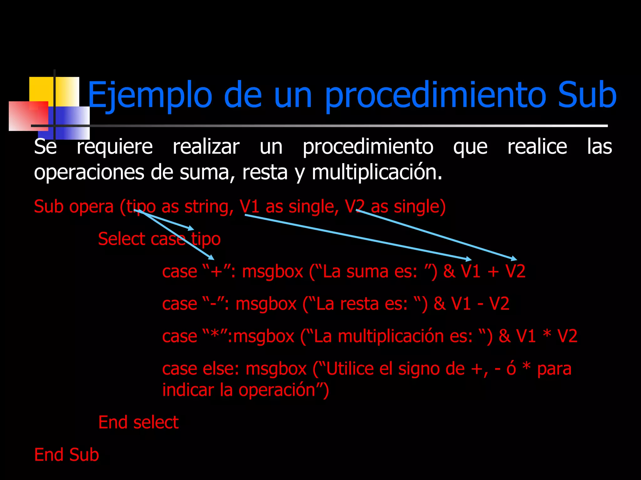 Ejemplo de un procedimiento Sub Se requiere realizar un procedimiento que realice las operaciones de suma, resta y multiplicación. Sub opera (tipo as string, V1 as single, V2 as single) Select case tipo case “+”: msgbox (“La suma es: ”) & V1 + V2 case “-”: msgbox (“La resta es: “) & V1 - V2 case “*”:msgbox (“La multiplicación es: “) & V1 * V2 case else: msgbox (“Utilice el signo de +, - ó * para  indicar la operación”) End select End Sub 