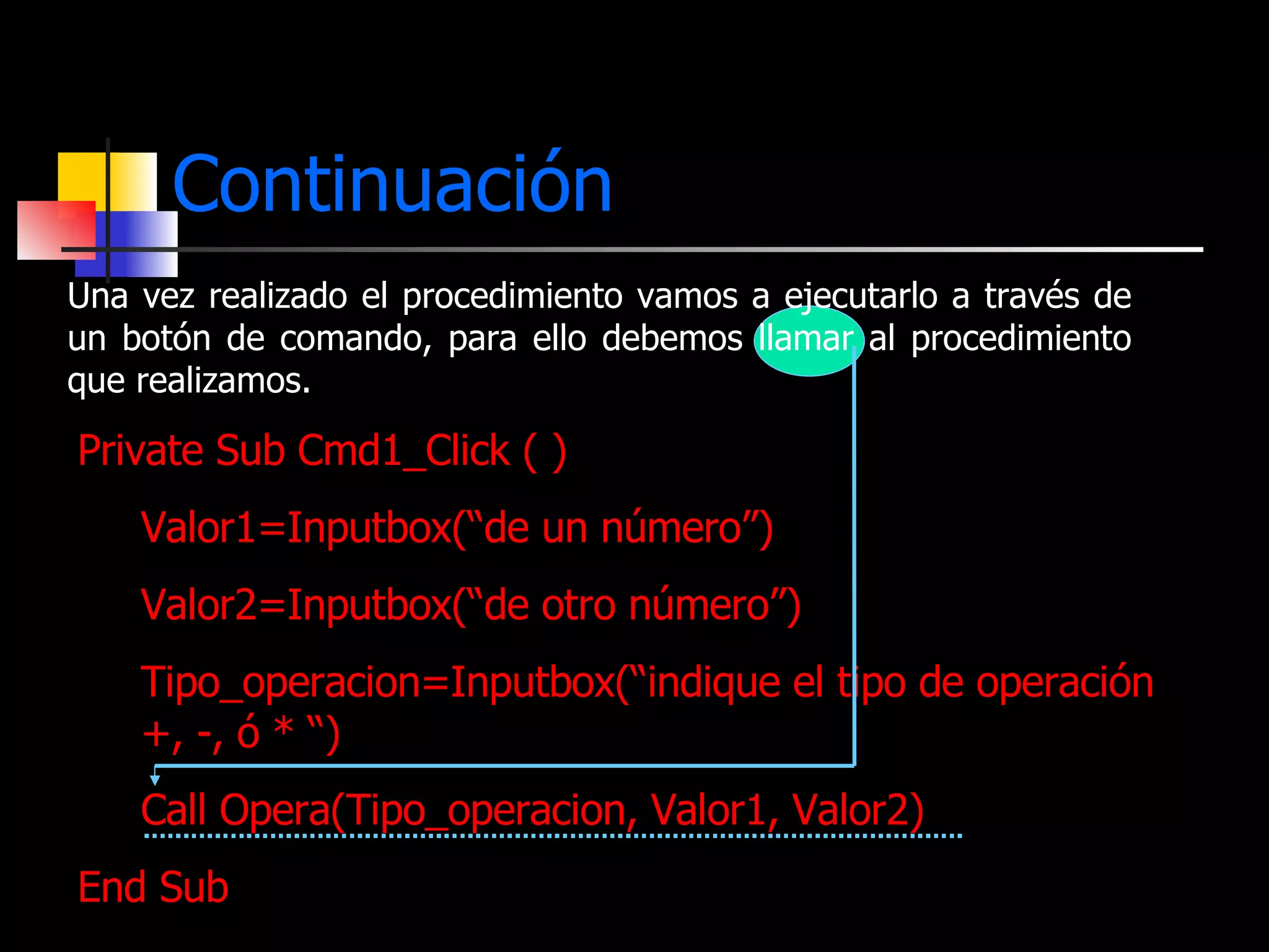 Continuación Private Sub Cmd1_Click ( ) Valor1=Inputbox(“de un número”) Valor2=Inputbox(“de otro número”) Tipo_operacion=Inputbox(“indique el tipo de operación +, -, ó * “) Call Opera(Tipo_operacion, Valor1, Valor2) End Sub Una vez realizado el procedimiento vamos a ejecutarlo a través de un botón de comando, para ello debemos llamar al procedimiento que realizamos. 