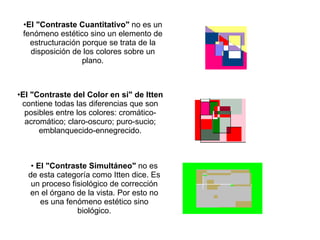 El "Contraste Cuantitativo"  no es un fenómeno estético sino un elemento de estructuración porque se trata de la disposición de los colores sobre un plano. El "Contraste del Color en si" de Itten  contiene todas las diferencias que son posibles entre los colores: cromático-acromático; claro-oscuro; puro-sucio; emblanquecido-ennegrecido. El "Contraste Simultáneo"  no es de esta categoría como Itten dice. Es un proceso fisiológico de corrección en el órgano de la vista. Por esto no es una fenómeno estético sino biológico. 