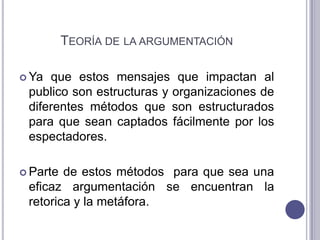 Teoría de la argumentaciónYa que estos mensajes que impactan al publico son estructuras y organizaciones de diferentes métodos que son estructurados para que sean captados fácilmente por los espectadores.Parte de estos métodos  para que sea una eficaz argumentación se encuentran la retorica y la metáfora.