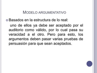 Modelo argumentativoBasados en la estructura de lo real:    uno de ellos ya debe ser aceptado por el auditorio como válido, por lo cual pasa su veracidad a el otro. Pero para esto, los argumentos deben pasar varias pruebas de persuasión para que sean aceptados.