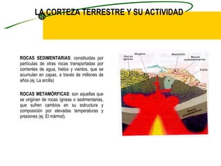 LA CORTEZA TERRESTRE Y SU ACTIVIDAD ROCAS SEDIMENTARIAS : constituidas por partículas de otras rocas transportadas por corrientes de agua, hielos y vientos, que se acumulan en capas, a través de millones de años (ej. La arcilla) ROCAS METAMÓRFICAS : son aquellas que se originan de rocas ígneas o sedimentarias, que sufren cambios en su estructura y composición por elevadas temperaturas y presiones (ej. El mármol).       