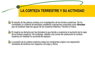 LA CORTEZA TERRESTRE Y SU ACTIVIDAD El estudio de las placas condujo a la investigación de los fondos oceánicos. Se ha constatado un sistema de elevadas cordilleras submarinas conocidas como  dorsales  que se localizan bajo las aguas de los Oceános Atlántico, Pacífico e Índico. El magma se derrama por las dorsales lo que tiende a ocasionar el aumento de la capa de la corteza oceánica. Sin embargo, debido a las zonas de subducción la corteza oceánica en realidad no aumenta de espesor. La presión de la corteza oceánica sobre los continentes origina una separación constante de América con respecto a Europa y África. 