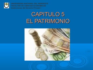CAPITULO 5CAPITULO 5
EL PATRIMONIOEL PATRIMONIO
UNIVERSIDAD NACIONAL DEL NORDESTE
FACULTAD DE CIENCIAS ECONOMICAS
Instituciones del Derecho Privado I
 