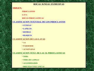 ROCAS  IGNEAS  EXTRUSIVAS ORIGEN: PIROCLASTOS LAVA ROCAS PIROCLASTICAS CLASIFICACION TEXTURAL DE LOS PIROCLASTOS CENIZAS LAPILLIS BOMBAS BLOQUES CLASIFICACION DE LAS LAVAS AA PAHOEHOE ACOJINADAS CLASIFICACION TEXT. DE LAS  R. PIROCLASTICAS TOBA TOBA DE LAPILLI AGLOMERADOS BRECHAS VOLCANICAS 