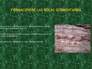 FORMACIÓN DE LAS ROCAS SEDIMENTARIAS Las rocas de la superficie terrestre se hallan sometidas a la acción  de los agentes geológicos externos. Los detritos se depositan en las cuencas sedimentarias y reciben el  nombre de   sedimentos . Los sedimentos se depositan en capas, llamadas  estratos . 