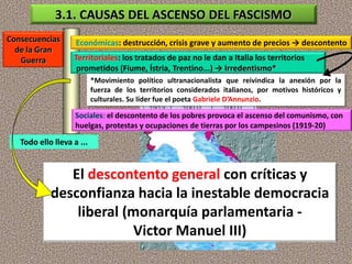 Consecuencias
de la Gran
Guerra
Económicas: destrucción, crisis grave y aumento de precios → descontento
Territoriales: los tratados de paz no le dan a Italia los territorios
prometidos (Fiume, Ístria, Trentino...) → Irredentismo*
Sociales: el descontento de los pobres provoca el ascenso del comunismo, con
huelgas, protestas y ocupaciones de tierras por los campesinos (1919-20)
*Movimiento político ultranacionalista que reivindica la anexión por la
fuerza de los territorios considerados italianos, por motivos históricos y
culturales. Su líder fue el poeta Gabriele D’Annunzio.
El descontento general con críticas y
desconfianza hacia la inestable democracia
liberal (monarquía parlamentaria -
Victor Manuel III)
3.1. CAUSAS DEL ASCENSO DEL FASCISMO
Todo ello lleva a ...
 
