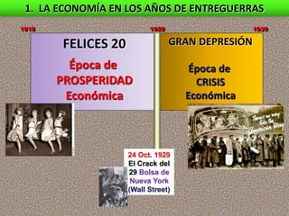 1. LA ECONOMÍA EN LOS AÑOS DE ENTREGUERRAS
FELICES 20
Época de
PROSPERIDAD
Económica
GRAN DEPRESIÓN
Época de
CRISIS
Económica
1929 1939
1918
24 Oct. 1929
El Crack del
29 Bolsa de
Nueva York
(Wall Street)
 