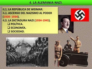 4. LA ALEMANIA NAZI.
LA REPÚBLICA DE WEIMAR.
ASCENSO DEL NAZISMO AL PODER
(1920- 1934).
LA DICTADURA NAZI (1934-1945).
 POLÍTICA.
 ECONOMÍA.
 SOCIEDAD.
 