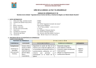 INSTITUCIÓN EDUCATIVA Nº 14743 “SAGRADO CORAZÓN DE JESÚS”
CIUDAD DEL PESCADOR PAITA
“AÑO DE LA UNIDAD, LA PAZ Y EL DESARROLLO”
UNIDAD DE APRENDIZAJE N° 02
Nombre de la Unidad: “Agradecemos el amor de Dios y vivamos la alegría con María Madre Nuestra”
I. DATOS INFORMATIVOS
1.1 Dirección Reg. de Educación : PIURA
1.2 Unidad de Gestión Educativa : PAITA
1.3 I. E. : N° 14743 “Sagrado Corazón de Jesús”
1.4 Área Curricular : Educación Religiosa
1.5 Grado - Sección : 4° y 5° Secundaria - A, B, C, D, E, F
1.6 N° de horas semanales : 2 horas
1.7 Directora : Lic. Milagros Vásquez Merino
1.8 Subdirector General : Lic. Edwin Palomino Riofrío
1.9 Docente del Área : Lic. Socorro del Pilar Albán Carrasco
1.10 Duración : Del 08 de mayo 0 al 16 de junio.
II. ORGANIZACIÓN DE LOS PROPÓSITOS DE APRENDIZAJE
CUARTO DE SECUNDARIA
PROPÓSITO DE APRENDIZAJE E V A L U A C I Ó N
COMPETENCIAS CAPACIDADES D E S E M P E Ñ O S EVIDENCIAS DE APRENDIZAJE INSTRUMENTOS
Competencia1
Construye su
identidad
como persona
humana,
- Conoce a Dios y
asume su identi-
dad religiosa y
espiritual como
persona digna,
libre y
trascendente.
- Argumenta la acción de Dios en la
historia y en la vida de la Iglesia y de
la humanidad confrontando hechos y
acontecimientos presentes en su
entorno que permitan su
participación en la misión de la
Iglesia.
 Responden preguntas.
 Crean dípticos y trípticos.
 Presentan mapas conceptuales.
 Crean poemas.
 Dibujan sus experiencias de fe.
 Confeccionan álbumes.
- Registro.
- Lista de
cotejos.
 