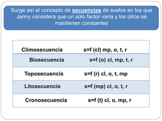Surge así el concepto de secuencias de suelos en los que
Jenny considera que un solo factor varia y los otros se
mantienen constantes
Litosecuencia s=f (mp) cl, o, t, r
Toposecuencia s=f (r) cl, o, t, mp
Biosecuencia s=f (o) cl, mp, t, r
Cronosecuencia s=f (t) cl, o, mp, r
Climosecuencia s=f (cl) mp, o, t, r
 