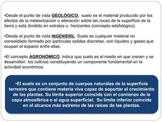 •El suelo es un conjunto de cuerpos naturales de la superficie
terrestre que contiene materia viva capaz de soportar el crecimiento
de las plantas. Su limite superior coincide con el comienzo de la
capa atmosférica o el agua superficial. Su limite inferior coincide
en el alcance más extremo de las raíces de las plantas.
•Desde el punto de vista GEOLÓGICO, suelo es el material producido por los
efectos de la meteorización o alteración sobre las rocas de la superficie de la
tierra y está dividido en estratos u horizontes (concepto edafológico).
•Desde el punto de vista INGENIERIL: Suelo es cualquier material no
consolidado formado por partículas solidas discretas, con líquidos y gases que
ocupan el espacio entre ellas.
•El concepto AGRONÓMICO, indica que suelo es el medio en que crecen y se
desarrollan los cultivos constituyendo un componente fundamental en la
actividad económica.
 