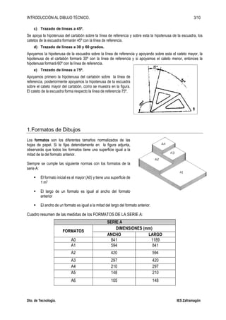INTRODUCCIÓN AL DIBUJO TÉCNICO. 3/10
Dto. de Tecnología. IES Zaframagón
c) Trazado de líneas a 45º.
Se apoya la hipotenusa del cartabón sobre la línea de referencia y sobre esta la hipotenusa de la escuadra, los
catetos de la escuadra formarán 45º con la línea de referencia.
d) Trazado de líneas a 30 y 60 grados.
Apoyamos la hipotenusa de la escuadra sobre la línea de referencia y apoyando sobre esta el cateto mayor, la
hipotenusa de el cartabón formará 30º con la línea de referencia y si apoyamos el cateto menor, entonces la
hipotenusa formará 60º con la línea de referencia.
e) Trazado de líneas a 75º.
Apoyamos primero la hipotenusa del cartabón sobre la línea de
referencia, posteriormente apoyamos la hipotenusa de la escuadra
sobre el cateto mayor del cartabón, como se muestra en la figura.
El cateto de la escuadra forma respecto la línea de referencia 75º.
1.Formatos de Dibujos
Los formatos son los diferentes tamaños normalizados de las
hojas de papel. Si te fijas detenidamente en la figura adjunta,
observarás que todos los formatos tiene una superficie igual a la
mitad de la del formato anterior.
Siempre se cumple las siguiente normas con los formatos de la
serie A:
El formato inicial es el mayor (A0) y tiene una superficie de
1 m2
El largo de un formato es igual al ancho del formato
anterior
El ancho de un formato es igual a la mitad del largo del formato anterior.
Cuadro resumen de las medidas de los FORMATOS DE LA SERIE A:
SERIE A
FORMATOS
DIMENSIONES (mm)
ANCHO LARGO
A0 841 1189
A1 594 841
A2 420 594
A3 297 420
A4 210 297
A5 148 210
A6 105 148
 