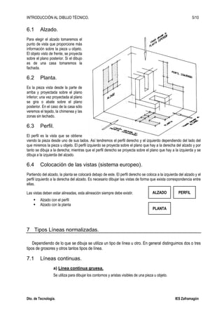 INTRODUCCIÓN AL DIBUJO TÉCNICO. 5/10
Dto. de Tecnología. IES Zaframagón
6.1 Alzado.
Para elegir el alzado tomaremos el
punto de vista que proporcione más
información sobre la pieza u objeto.
El objeto visto de frente, se proyecta
sobre el plano posterior. Si el dibujo
es de una casa tomaremos la
fachada.
6.2 Planta.
Es la pieza vista desde la parte de
arriba y proyectada sobre el plano
inferior; una vez proyectada al plano
se gira o abate sobre el plano
posterior. En el caso de la casa sólo
veremos el tejado, la chimenea y las
zonas sin techado.
6.3 Perfil.
El perfil es la vista que se obtiene
viendo la pieza desde uno de sus lados. Así tendremos el perfil derecho y el izquierdo dependiendo del lado del
que miremos la pieza u objeto. El perfil izquierdo se proyecta sobre el plano que hay a la derecha del alzado y por
tanto se dibuja a la derecha; mientras que el perfil derecho se proyecta sobre el plano que hay a la izquierda y se
dibuja a la izquierda del alzado.
6.4 Colocación de las vistas (sistema europeo).
Partiendo del alzado, la planta se colocará debajo de este. El perfil derecho se coloca a la izquierda del alzado y el
perfil izquierdo a la derecha del alzado. Es necesario dibujar las vistas de forma que exista correspondencia entre
ellas.
Las vistas deben estar alineadas, esta alineación siempre debe existir.
Alzado con el perfil
Alzado con la planta
7 Tipos Líneas normalizadas.
Dependiendo de lo que se dibuja se utiliza un tipo de línea u otro. En general distinguimos dos o tres
tipos de grosores y otros tantos tipos de línea.
7.1 Líneas continuas.
a) Línea continua gruesa.
Se utiliza para dibujar los contornos y aristas visibles de una pieza u objeto.
ALZADO
PLANTA
PERFIL
 