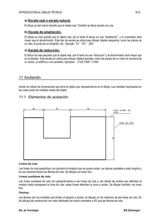 INTRODUCCIÓN AL DIBUJO TÉCNICO. 8/10
Dto. de Tecnología. IES Zaframagón
a) Escala real o escala natural.
El dibujo es del mismo tamaño que el objeto real. También se llama escala uno uno.
b) Escala de ampliación.
El dibujo es mas grande que el objeto real, por lo tanto el dibujo es una "ampliación" y el numerador será
mayor que el denominador. Este tipo de escala se utiliza para dibujar objetos pequeños, como las piezas de
un reloj, la punta de un bolígrafo, etc. Ejemplo: 5/1 10/1 20/4
c) Escala de reducción.
El dibujo es mas pequeño que el objeto real, por lo tanto es una "reducción" y el denominador será mayor que
el numerador. Esta escala se utiliza para dibujar objetos grandes, como las piezas de un motor la corroería de
un coche, un edificio o una carretera. Ejemplos: 1/100 1/500 1/1000
11 Acotación.
Acotar es indicar las dimensiones que tiene el objeto que representamos en el dibujo. Las medidas expresadas en
las cotas serán las medidas reales del objeto.
11.1 Elementos de acotación.
Líneas de cota.
Las líneas de cota especifican con precisión la longitud que se quiera acotar, se colocan paralelas a esta longitud y
en sus extremos llevan las flechas de cota. Se dibujan con trazo fino.
Líneas auxiliares de cota.
Las líneas auxiliares de cota son perpendiculares a las líneas de cota y van desde las aristas que delimitan la
medida hasta sobrepasar la línea de cota, estas líneas delimitan la zona a acotar. Se dibujan también con trazo
fino.
Flechas.
Las flechas son los símbolos que limitan el espacio a acotar, se dibujan en los extremos de las líneas de cota. En
los dibujos de construcción son más habituales los trazos inclinados a 450 que las flechas de cota.
 