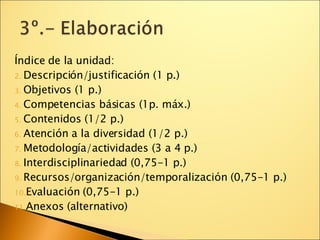 Índice de la unidad: Descripción/justificación (1 p.)‏ Objetivos (1 p.)‏ Competencias básicas (1p. máx.)‏ Contenidos (1/2 p.)‏ Atención a la diversidad (1/2 p.)‏ Metodología/actividades (3 a 4 p.)‏ Interdisciplinariedad (0,75-1 p.)‏ Recursos/organización/temporalización (0,75-1 p.)‏ Evaluación (0,75-1 p.)‏ Anexos (alternativo)‏ 