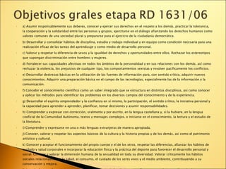 a) Asumir responsablemente sus deberes, conocer y ejercer sus derechos en el respeto a los demás, practicar la tolerancia, la cooperación y la solidaridad entre las personas y grupos, ejercitarse en el diálogo afianzando los derechos humanos como valores comunes de una sociedad plural y prepararse para el ejercicio de la ciudadanía democrática. b) Desarrollar y consolidar hábitos de disciplina, estudio y trabajo individual y en equipo como condición necesaria para una realización eficaz de las tareas del aprendizaje y como medio de desarrollo personal. c) Valorar y respetar la diferencia de sexos y la igualdad de derechos y oportunidades entre ellos. Rechazar los estereotipos que supongan discriminación entre hombres y mujeres. d) Fortalecer sus capacidades afectivas en todos los ámbitos de la personalidad y en sus relaciones con los demás, así como rechazar la violencia, los prejuicios de cualquier tipo, los comportamientos sexistas y resolver pacíficamente los conflictos. e) Desarrollar destrezas básicas en la utilización de las fuentes de información para, con sentido crítico, adquirir nuevos conocimientos. Adquirir una preparación básica en el campo de las tecnologías, especialmente las de la información y la comunicación. f) Concebir el conocimiento científico como un saber integrado que se estructura en distintas disciplinas, así como conocer y aplicar los métodos para identificar los problemas en los diversos campos del conocimiento y de la experiencia. g) Desarrollar el espíritu emprendedor y la confianza en sí mismo, la participación, el sentido crítico, la iniciativa personal y la capacidad para aprender a aprender, planificar, tomar decisiones y asumir responsabilidades. h) Comprender y expresar con corrección, oralmente y por escrito, en la lengua castellana y, si la hubiere, en la lengua cooficial de la Comunidad Autónoma, textos y mensajes complejos, e iniciarse en el conocimiento, la lectura y el estudio de la literatura. i) Comprender y expresarse en una o más lenguas extranjeras de manera apropiada. j) Conocer, valorar y respetar los aspectos básicos de la cultura y la historia propias y de los demás, así como el patrimonio artístico y cultural. k) Conocer y aceptar el funcionamiento del propio cuerpo y el de los otros, respetar las diferencias, afianzar los hábitos de cuidado y salud corporales e incorporar la educación física y la práctica del deporte para favorecer el desarrollo personal y social. Conocer y valorar la dimensión humana de la sexualidad en toda su diversidad. Valorar críticamente los hábitos sociales relacionados con la salud, el consumo, el cuidado de los seres vivos y el medio ambiente, contribuyendo a su conservación y mejora. l) Apreciar la creación artística y comprender el lenguaje de las distintas manifestaciones artísticas, utilizando diversos medios de expresión y representación. 
