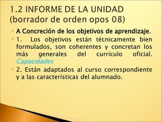 A Concreción de los objetivos de aprendizaje. 1.  Los objetivos están técnicamente bien formulados, son coherentes y concretan los más generales del currículo oficial.  Capacidades 2. Están adaptados al curso correspondiente y a las características del alumnado. 