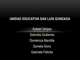 Ayleen Vargas
Gabriela Gutierres
Doménica Mantilla
Daniela Sono
Gabriela Felicita
UNIDAD EDUCATIVA SAN LUIS GONZAGA
 