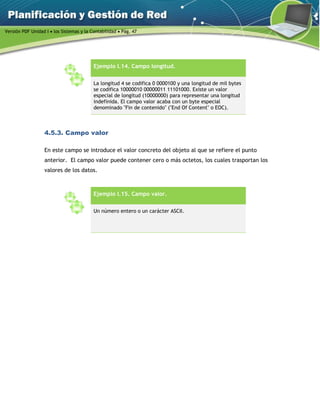 Versión PDF Unidad I  los Sistemas y la Contabilidad  Pág. 47
Ejemplo I.14. Campo longitud.
La longitud 4 se codifica 0 0000100 y una longitud de mil bytes
se codifica 10000010 00000011 11101000. Existe un valor
especial de longitud (10000000) para representar una longitud
indefinida. El campo valor acaba con un byte especial
denominado "Fin de contenido" ("End Of Content" o EOC).
4.5.3. Campo valor
En este campo se introduce el valor concreto del objeto al que se refiere el punto
anterior. El campo valor puede contener cero o más octetos, los cuales trasportan los
valores de los datos.
Ejemplo I.15. Campo valor.
Un número entero o un carácter ASCII.
 
