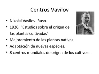 Centros Vavilov <ul><li>Nikolai Vavilov . Ruso </li></ul><ul><li>1926. “Estudios sobre el origen de  </li></ul><ul><li>las...