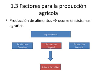 1.3 Factores para la producción agrícola <ul><li>Producción de alimentos    ocurre en sistemas agrarios.  </li></ul>Agros...