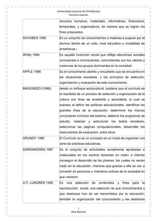 Universidad nacional de Chimborazo
Ciencias exactas
9
Alex Moreta
recursos humanos, materiales, informativos, financieros,
temporales, y organizativos, de manera que se logren los
fines propuestos.
SCHUBER 1985 Es un conjunto de conocimientos o materias a superar por el
alumno dentro de un ciclo, nivel educativo o modalidad de
enseñanza--
Whitty 1986 Es aquella invención social que refleja elecciones sociales
conscientes e inconscientes, concordantes con los valores y
creencias de los grupos dominantes en la sociedad.
APPLE 1986 Es el conocimiento abierto y encubierto que se encuentra en
las situaciones escolares, y los principios de selección,
organización y evaluación de este conocimiento.
MAGENDZO (1986), desde un enfoque sociocultural, sostiene que el currículo es
el resultado de un proceso de selección y organización de la
cultura con fines de enseñarla y aprenderla, lo cual se
expresa al definir las políticas educacionales, identificar los
grandes fines de la educación, determinar los marcos
curriculares mínimos del sistema, elaborar los programas de
estudio, redactar y estructurar los textos escolares,
seleccionar las páginas computacionales, desarrollar los
instrumentos de evaluación, entre otros.
GRUNDY 1986 El Currículo no es un concepto es un modo de organizar una
serie de prácticas educativas.
SARRAMORRA 1987 Es el conjunto de actividades socialmente aprobadas e
instauradas en los centros docentes en orden a intentar
conseguir el desarrollo de los jóvenes, los cuales no serian
nada sin la educación, mientras que gracias a ella se van a
convertir en personas y miembros activos de la sociedad en
que nacieron.
U.P. LUNGREN 1992 Es una selección de contenidos y fines para la
reproducción social, una selección de qué conocimientos y
que destrezas han de ser transmitidos por la educación;
también la organización del conocimiento y las destrezas
 