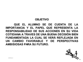 ACETATO No. 44 OBJETIVO QUE EL ALUMNO SE DE CUENTA DE LA IMPORTANCIA Y EL PAPEL QUE REPRESENTA LA RESPONSABILIDAD DE SUS ACCIONES EN SU VIDA COTIDIANA A TRAVES DE UNA BUENA DECISIÓN BIEN FUNDAMENTADA LA CUAL SE VERÁ REFLEJADA EN UN CAMBIO FAVORABLE Y DE PERSPECTIVAS AMBISIOSAS PARA SU FUTURO. 179 
