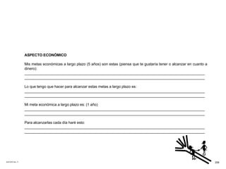 ACETATO No. 71 ASPECTO ECONÓMICO Mis metas económicas a largo plazo (5 años) son estas (piensa que te gustaría tener o alcanzar en cuanto a dinero): _______________________________________________________________________________________ _______________________________________________________________________________________ Lo que tengo que hacer para alcanzar estas metas a largo plazo es: _______________________________________________________________________________________ _______________________________________________________________________________________ Mi meta económica a largo plazo es: (1 año) _______________________________________________________________________________________ _______________________________________________________________________________________ Para alcanzarlas cada día haré esto: _______________________________________________________________________________________ _______________________________________________________________________________________ 206 