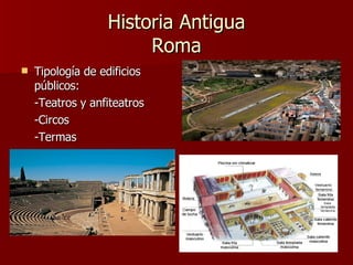 Historia Antigua Roma Tipología de edificios públicos: -Teatros y anfiteatros -Circos -Termas 